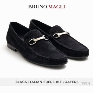 Bruno Magli Black with Silver Buckle, Real Suede Loafers- 8